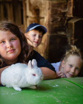 Maxi mit Kaninchen am Kinderbauernhof